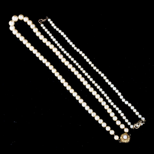 605 - 2 single-row cultured pearl necklaces, comprising example with 18ct clasp, and example with 9ct clas... 