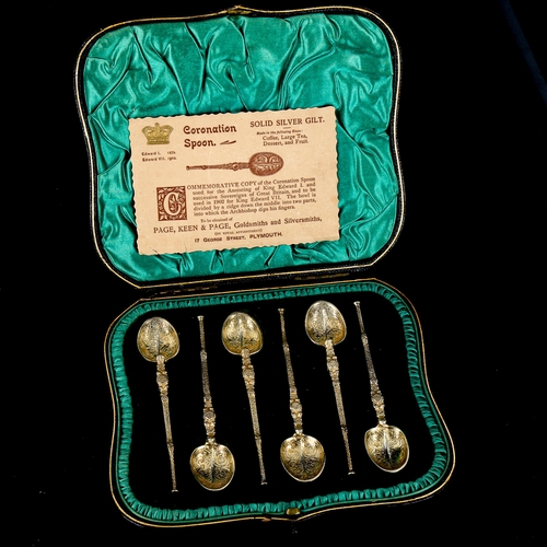 609 - A cased set of 6 Edwardian silver-gilt Coronation teaspoons, by Edward Barnard & Sons Ltd, hallmarks... 