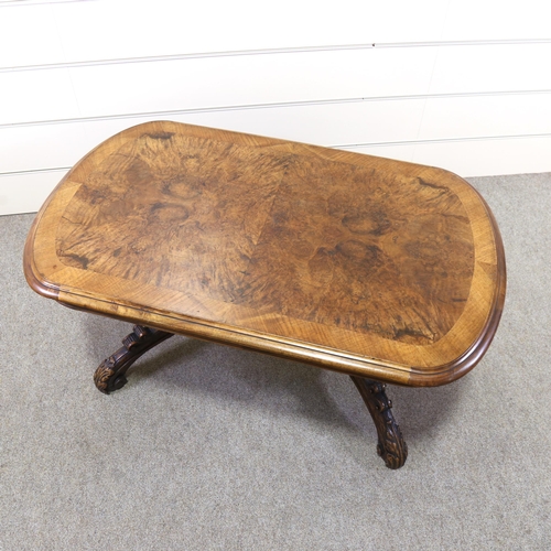 1153 - *WITHDRAWN* A Victorian burr-walnut low table, on elaborate carved and pierced stretcher base, 110cm... 