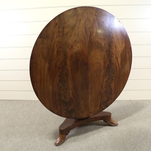 1216 - A 19th century Manx circular mahogany tilt-top dining table on stylised platform base, diameter 125c... 