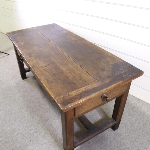 1217 - An 18th century oak farmhouse table, with thick plank top and 2 frieze drawers, 177cm x 80cm, height... 