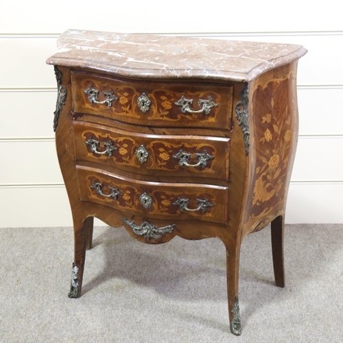 1254 - A small French marquetry inlaid bombe commode, with ormolu mounts and marble top, width 80cm