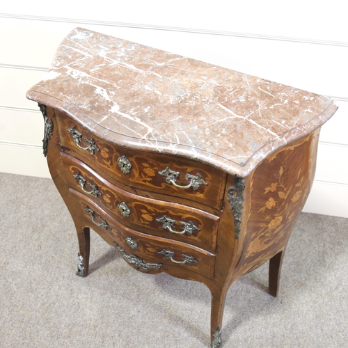 1254 - A small French marquetry inlaid bombe commode, with ormolu mounts and marble top, width 80cm