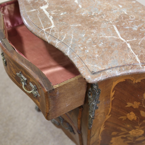 1254 - A small French marquetry inlaid bombe commode, with ormolu mounts and marble top, width 80cm