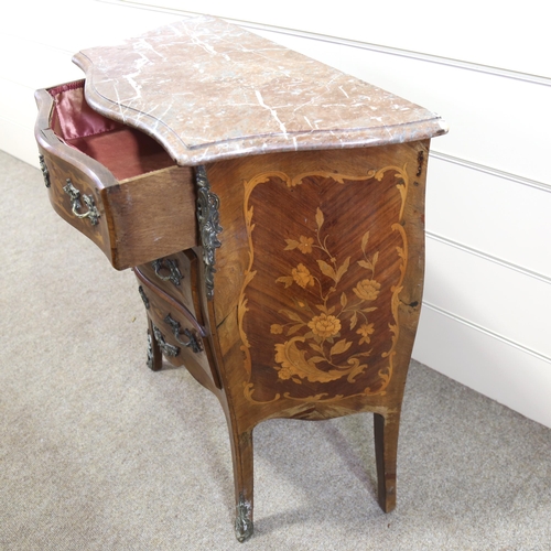 1254 - A small French marquetry inlaid bombe commode, with ormolu mounts and marble top, width 80cm