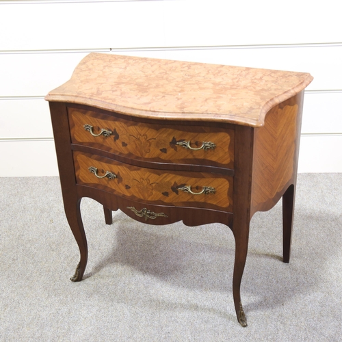 1256 - A French marquetry inlaid bombe commode with shaped marble top, width 77cm