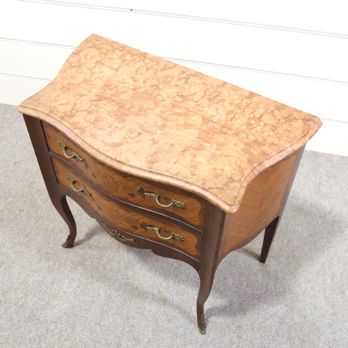 1256 - A French marquetry inlaid bombe commode with shaped marble top, width 77cm