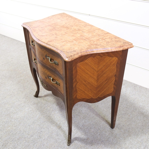 1256 - A French marquetry inlaid bombe commode with shaped marble top, width 77cm