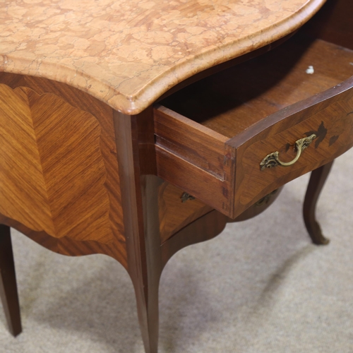 1256 - A French marquetry inlaid bombe commode with shaped marble top, width 77cm