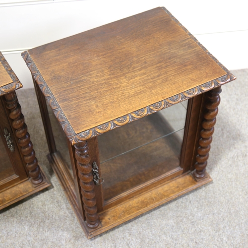 1258 - A pair of small oak table-top display cabinets, with barley twist columns, circa 1920s, width 45cm, ... 