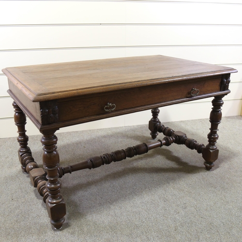 1260 - A 19th century oak library table, with single frieze drawer and stretcher base, 130cm x 79cm