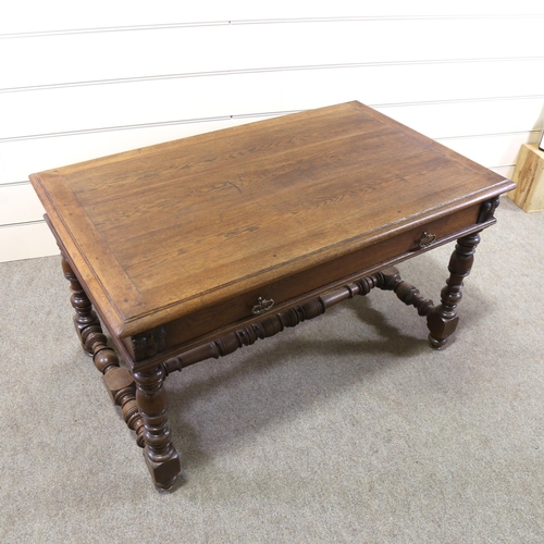 1260 - A 19th century oak library table, with single frieze drawer and stretcher base, 130cm x 79cm