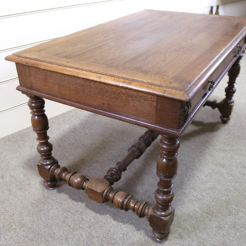 1260 - A 19th century oak library table, with single frieze drawer and stretcher base, 130cm x 79cm