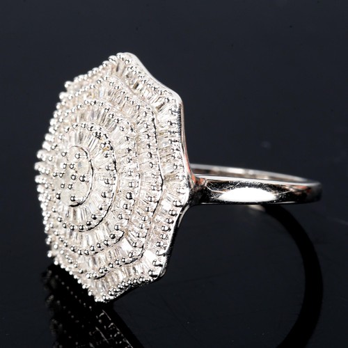 379 - ***WITHDRAWN*** A large modern silver diamond cluster panel ring, set with single and baguette-cut d... 