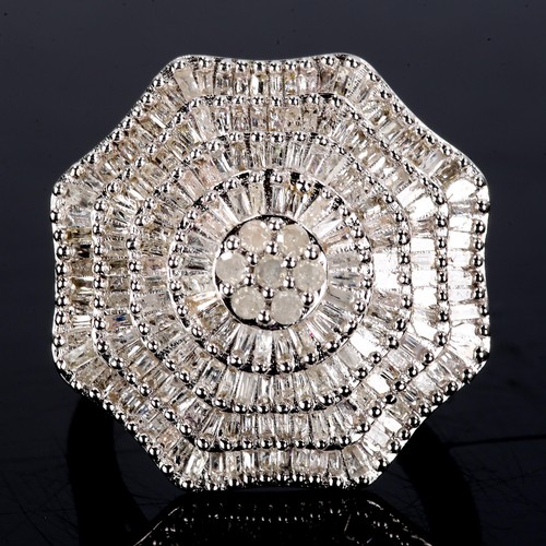 379 - ***WITHDRAWN*** A large modern silver diamond cluster panel ring, set with single and baguette-cut d... 