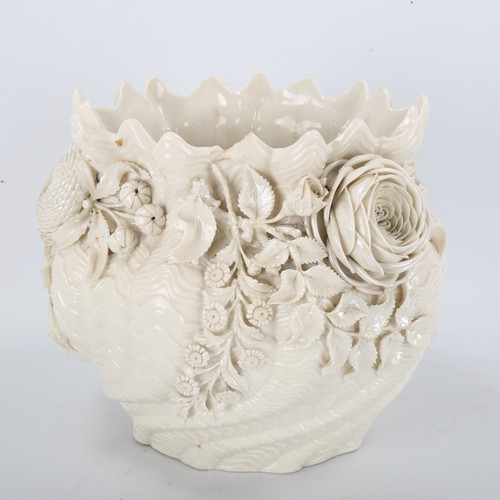 1104 - Belleek porcelain jardiniere encrusted with flowers, black back stamp, height 19cm, diameter approx ... 