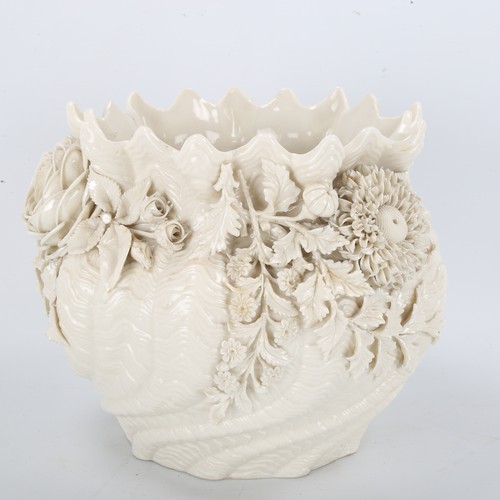 1104 - Belleek porcelain jardiniere encrusted with flowers, black back stamp, height 19cm, diameter approx ... 