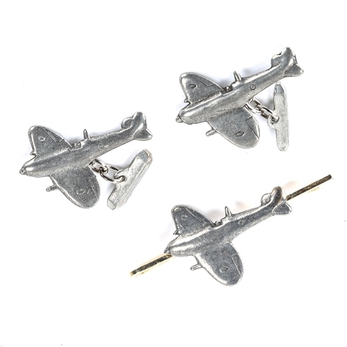 161 - ST JUSTIN - a Vintage novelty pewter Spitfire dress set, comprising pair of cufflinks and tie clip, ... 