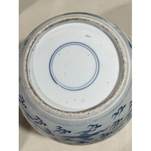 1246 - A Chinese blue and white porcelain dragon jar, with hardwood cover, height 24cm