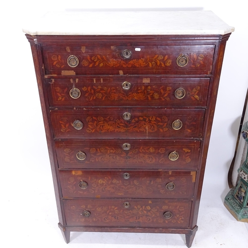 2094 - A 19th century Dutch marquetry chest, with shaped marble top, 6 long graduated drawers, on tapered l... 