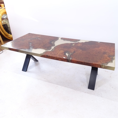 2098 - A late 20th century resin coffee table, with embedded teak rootwood, IK maker's logo in the resin, L... 