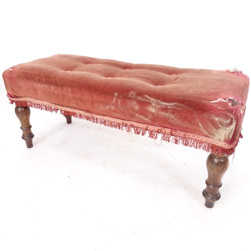 2143 - An Antique upholstered window seat on turned mahogany legs, L93cm, H40cm, D36cm