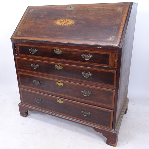 2146 - A George III mahogany and satinwood-banded bureau, with 4 graduated drawers, on bracket feet, W100cm... 