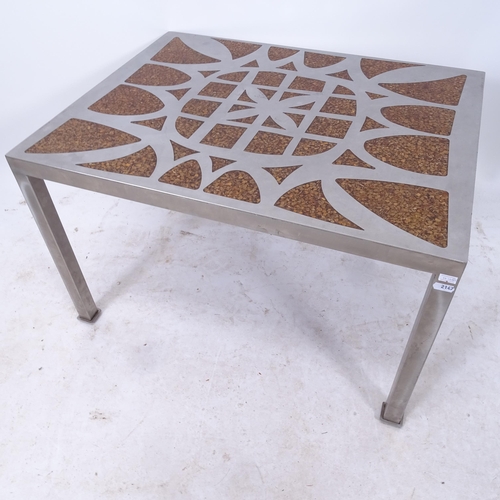 2147 - A unique 1960s cut-steel coffee table, with chipped wood and resin inlaid stylised flower design, W7... 