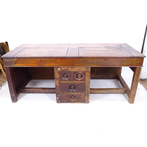 2154 - An Antique double mahogany desk top, on a drawer-fitted pine base, L199cm, H79cm, D86cm