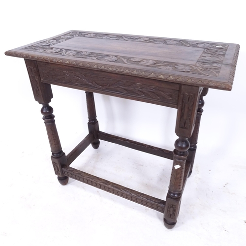 2160 - An Antique oak centre-standing rectangular table, with relief carved decoration, W80cm, H72cm, D44cm