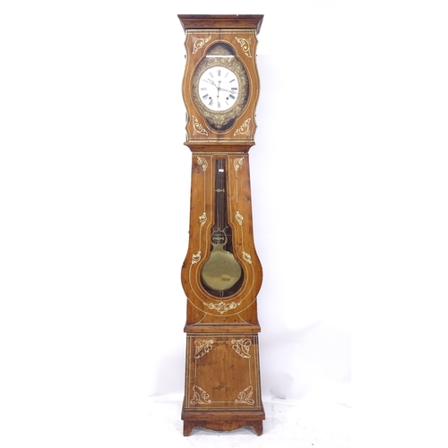 2164 - An Antique French Comtoise clock, with enamelled dial and a painted pine case, complete with pendulu... 