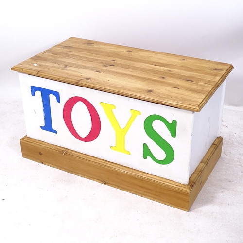 2166 - A painted and polished pine toy box, W88cm, H48cm, D47cm