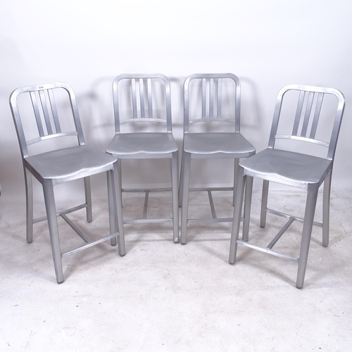 2171 - A set of 4 Emeco Navy counter stools, in brushed tempered aluminium, with maker's label and impresse... 