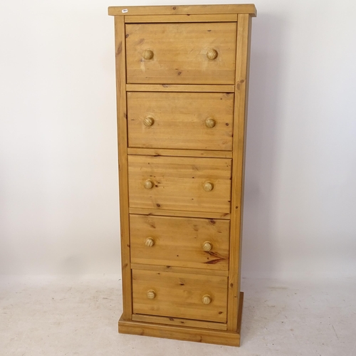 2195 - A narrow polished pine 5-drawer chest, W61cm, H158cm, D43cm