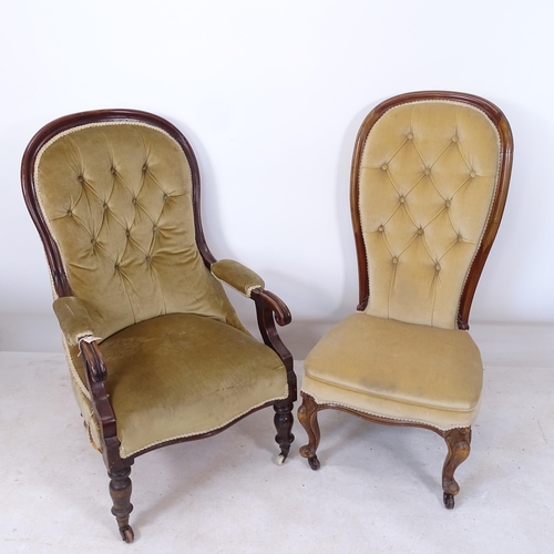 2203 - A 19th century button-back upholstered open armchair, with mahogany show-wood, and a button-back uph... 