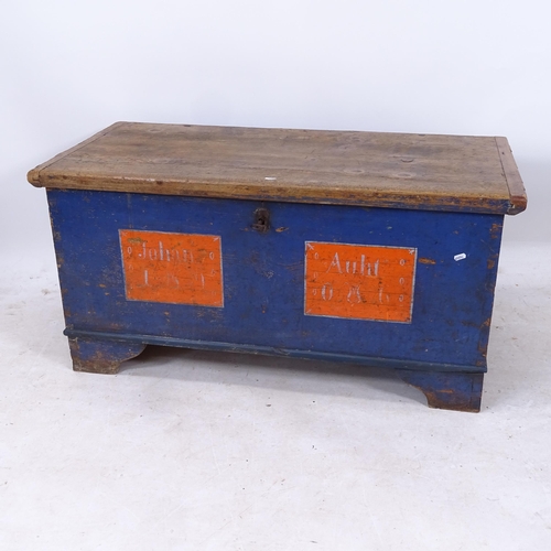 2212 - A 19th century Continental painted pine coffer on bracket feet, with key, W116cm, H57cm, D56cm