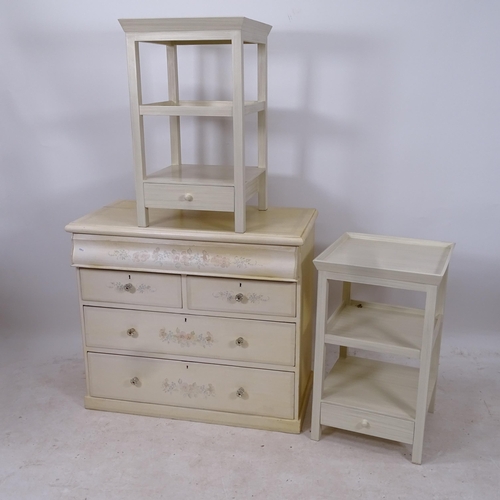 2216 - A white painted 5-drawer chest, and a pair of similar 3-tier bedside tables