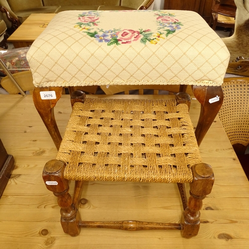 2676 - An Edwardian mahogany needlepoint upholstered piano stool, and a footstool (2)