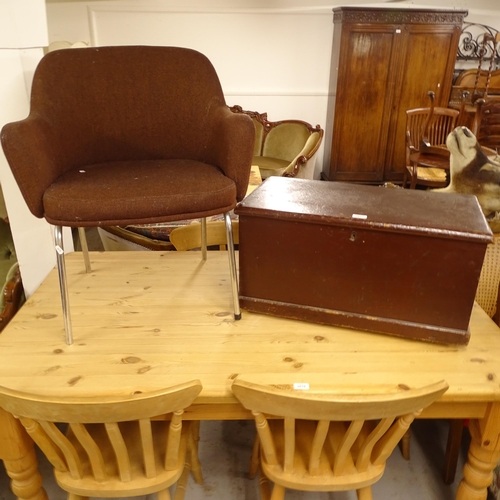 2677 - A stained pine blanket chest, W70cm, H36cm, D40cm, and a mid-century armchair (2)