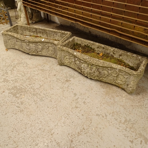 2690 - A pair of weathered concrete garden troughs, L74cm, H20cm, D28cm