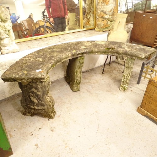 2695 - A weathered concrete 4-section curved garden bench, L152cm, H50cm