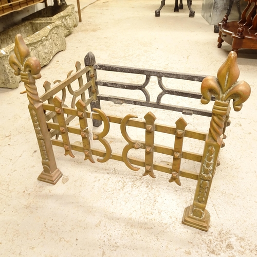 2698 - An Arts and Crafts design brass and cast-iron fireplace (missing grate), W54cm, H43cm, D34cm