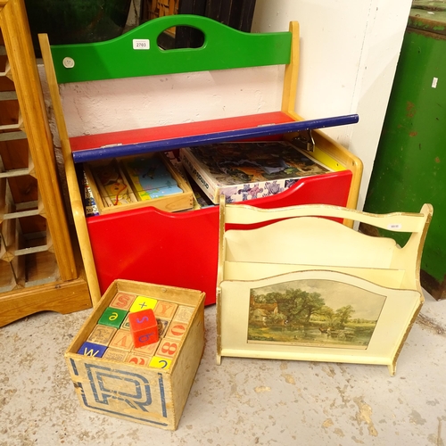 2703 - A painted pine toy box, containing construction books and toy building blocks, Operation and Kerplun... 