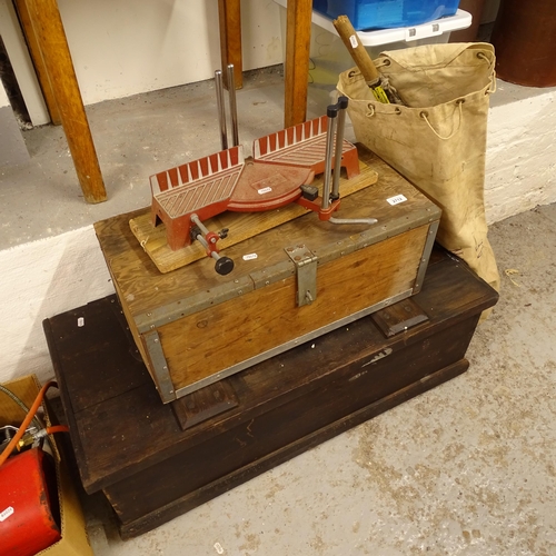 2712 - 2 stained pine toolboxes and a canvas bag, containing assorted Vintage tools