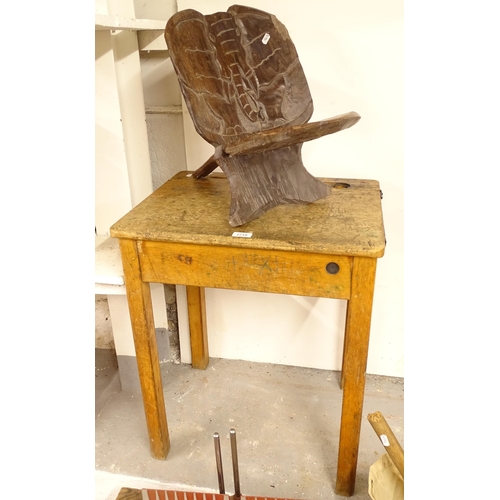 2718 - A mid-century school desk with rising top, W56cm, H68cm, D46cm, and an African Tribal birthing stool... 