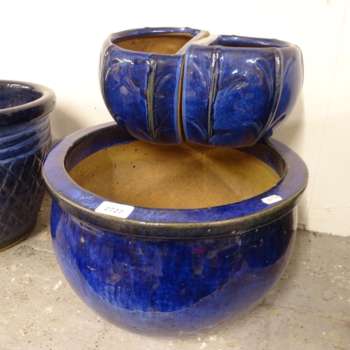 2727 - 3 blue glaze terracotta garden pots, largest W40cm, H25cm