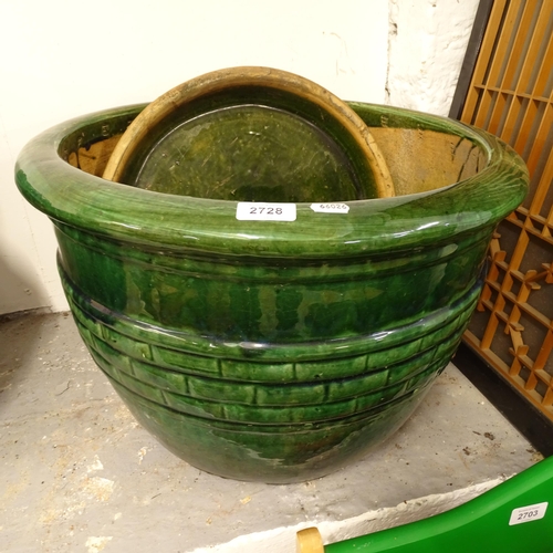 2728 - A large green glaze terracotta garden pot, with base, W50cm, H36cm