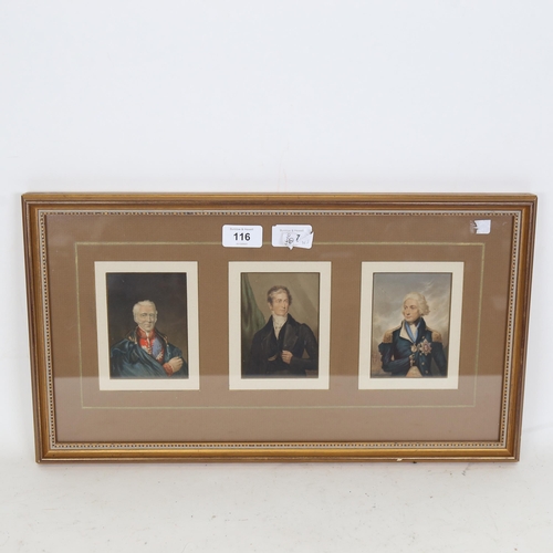 116 - A framed set of 3 x 19th century Baxter prints, depicting Lord Nelson, Sir Robert Peel, and The Duke... 