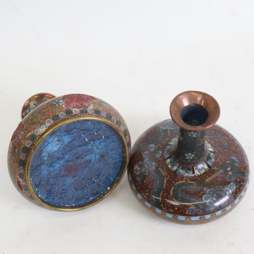 123 - A pair of Chinese cloisonne enamel squat dragon vases, height 10cm