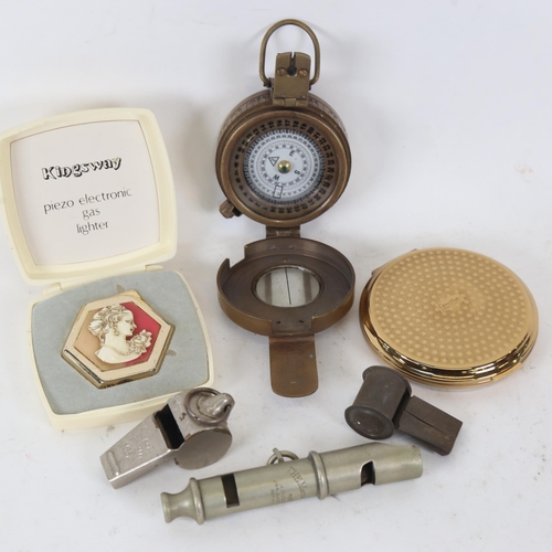 147 - A Second World War Period Mark III compass, Metropolitan Police whistle, compacts etc